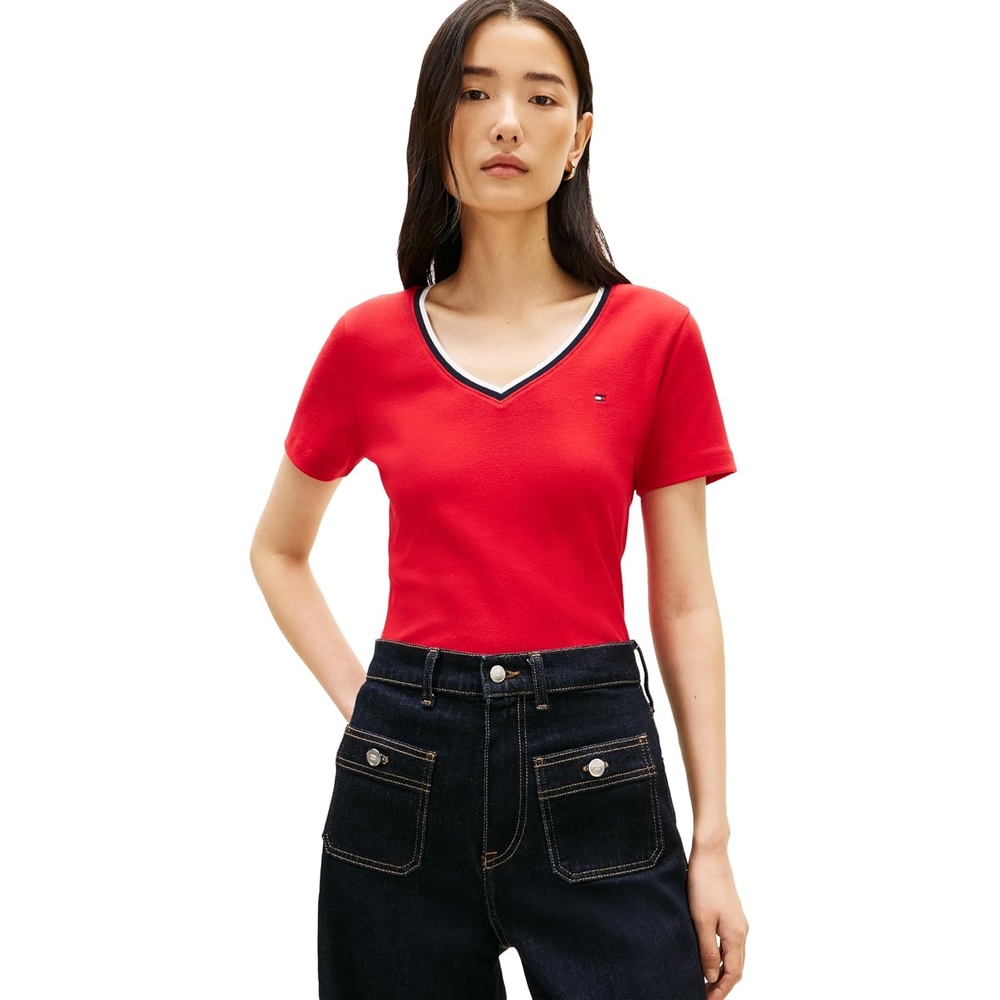 image:imageTommy Hilfiger Womens Basic Short Sleeve Cotton VNeck TShirtPrimary RedRwb