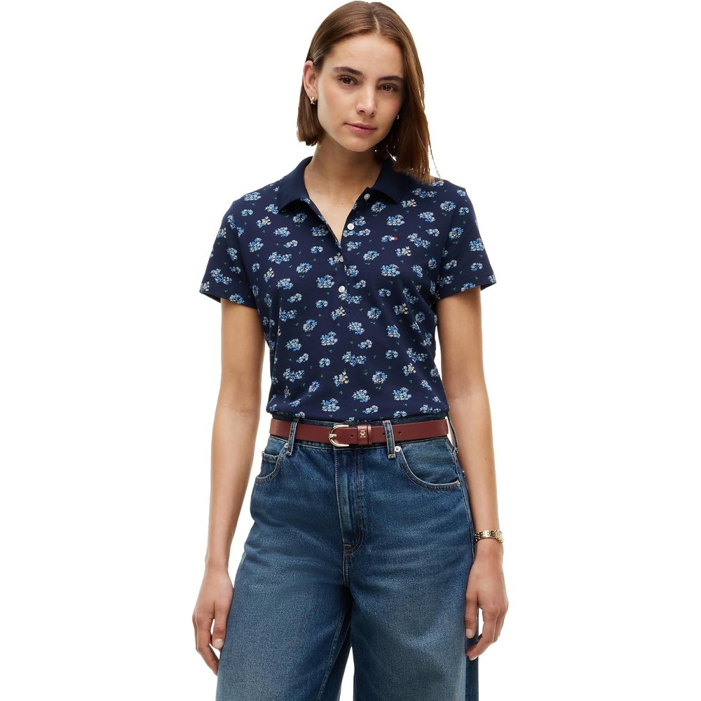 image:imageTommy Hilfiger Womens Cotton Pique Short Sleeve Polo Shirt in Classic Fit with StretchTraditional Floral Dark Blue