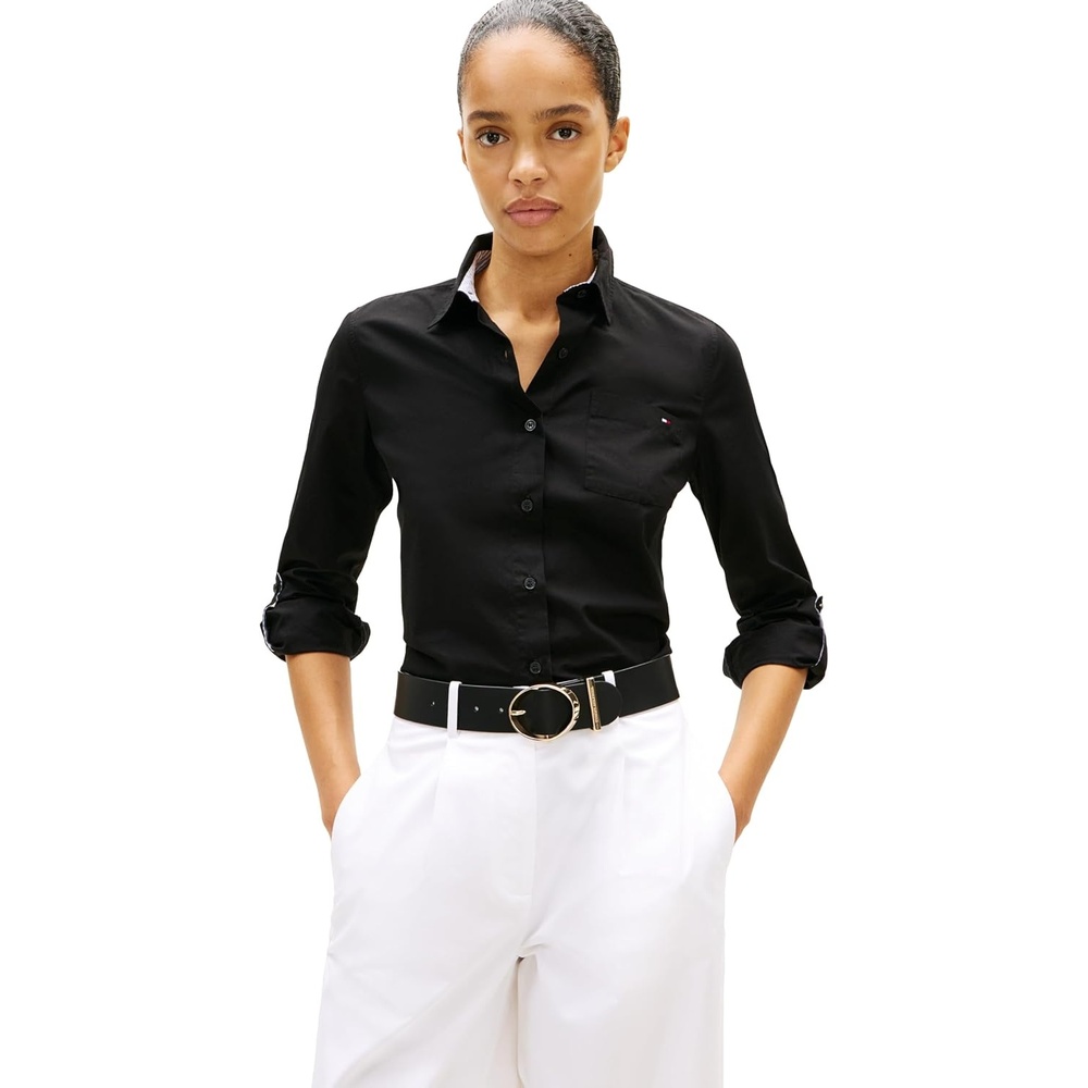 image:imageTommy Hilfiger Womens Cotton Poplin Long Sleeve Button Down Shirt in Regular Fit with Roll Up SleeveBlack