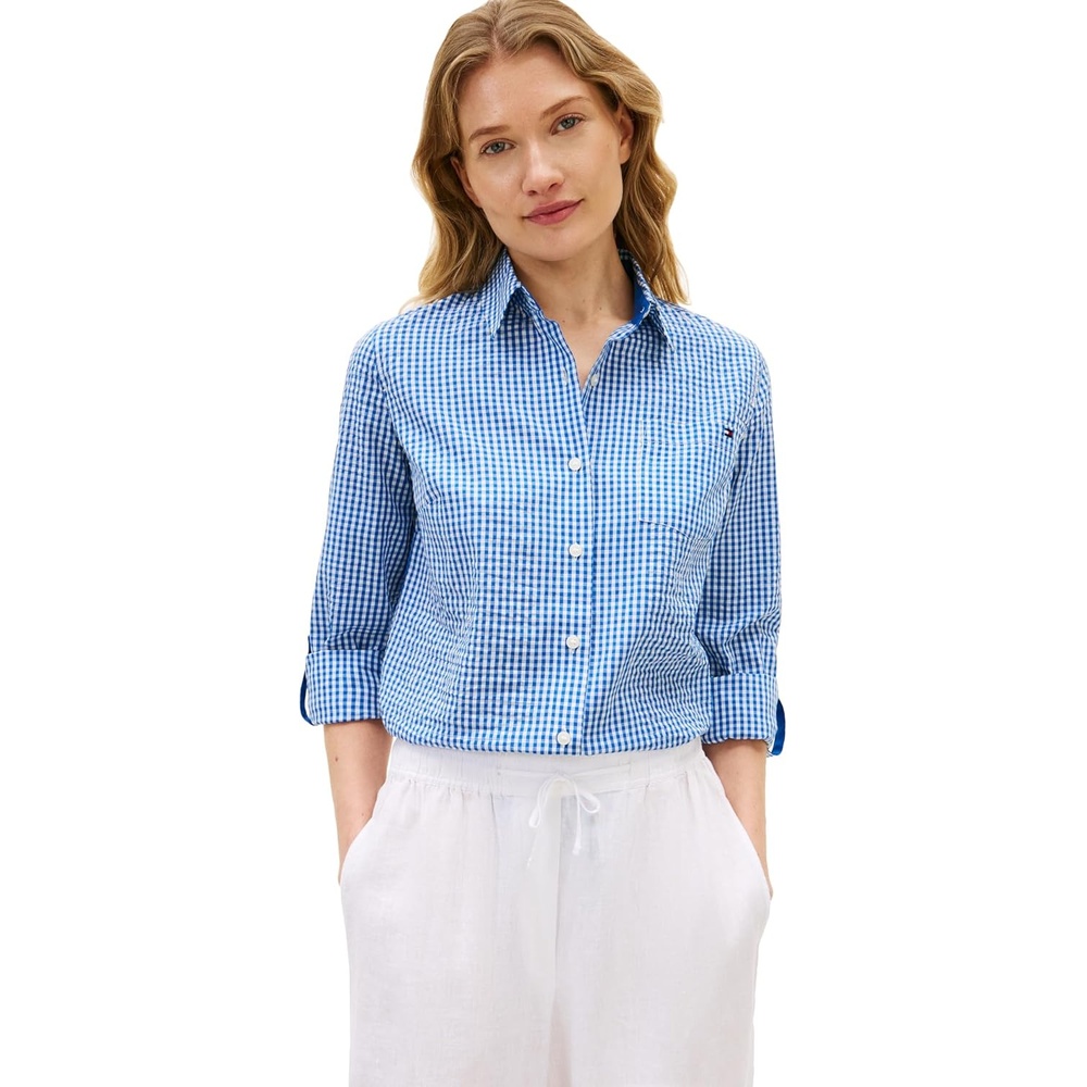 image:imageTommy Hilfiger Womens Cotton Poplin Long Sleeve Button Down Shirt in Regular Fit with Roll Up SleeveBlue Orbit Ecru Gingham