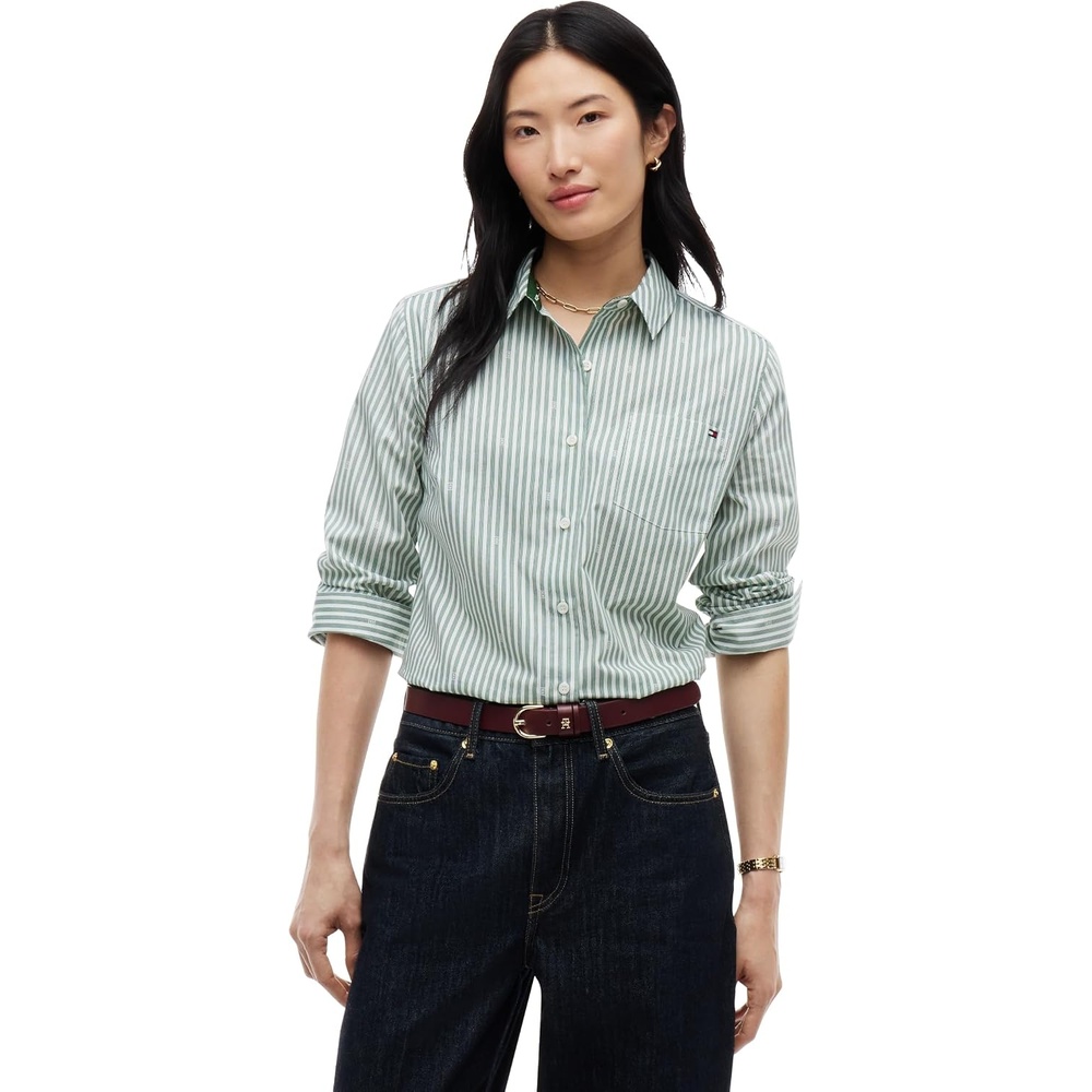 image:imageTommy Hilfiger Womens Cotton Poplin Long Sleeve Button Down Shirt in Regular Fit with Roll Up SleeveBroadway Flag Print Ecru Evergreen