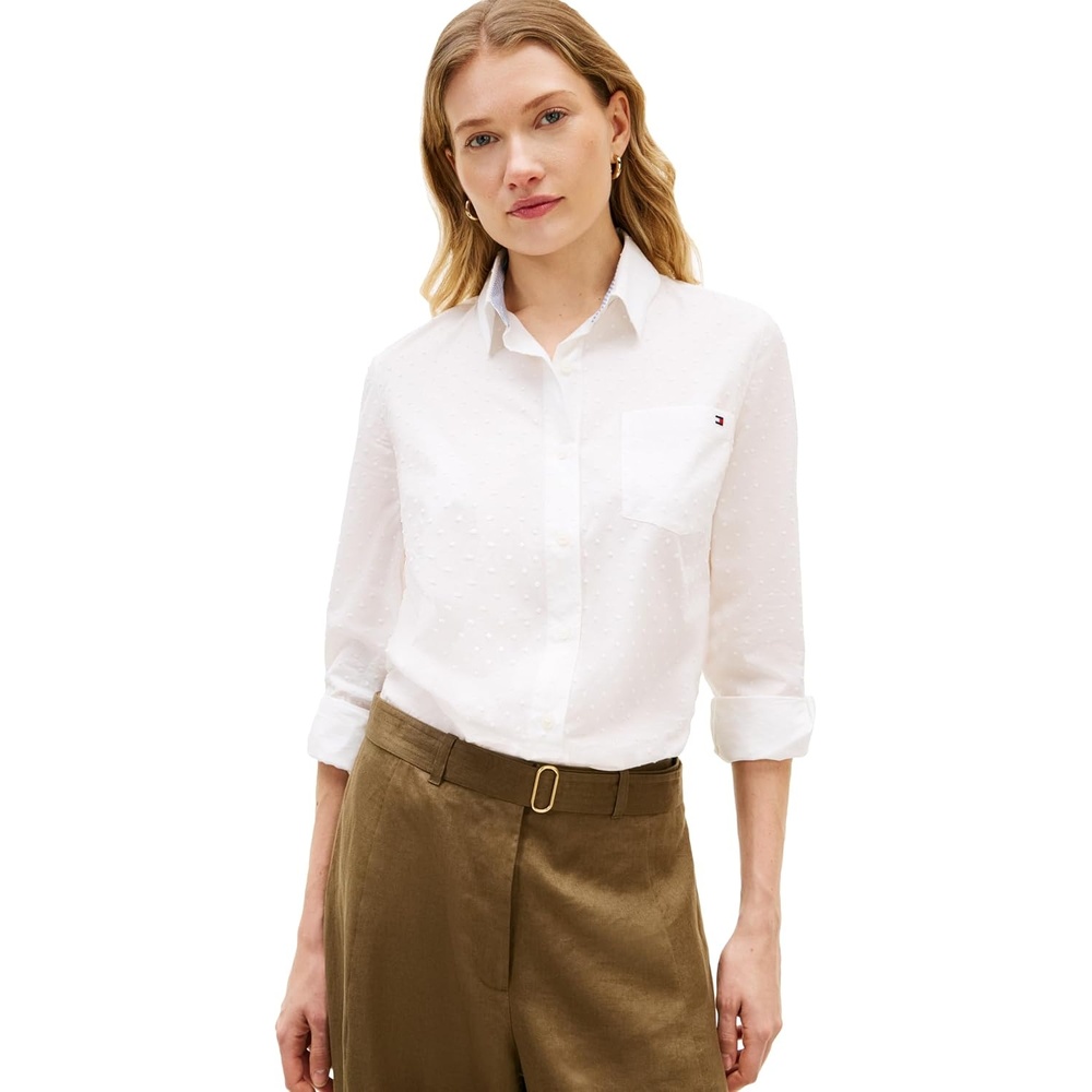 image:imageTommy Hilfiger Womens Cotton Poplin Long Sleeve Button Down Shirt in Regular Fit with Roll Up SleeveEcruDot