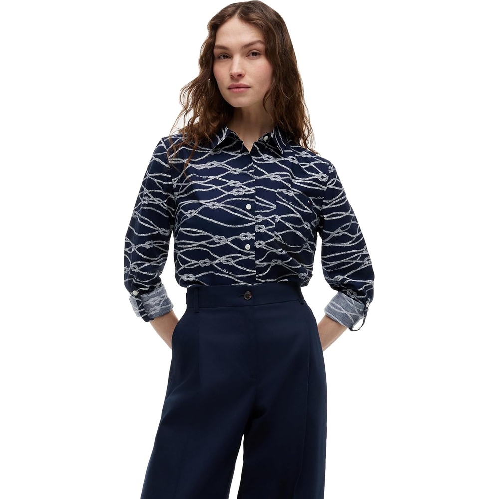image:imageTommy Hilfiger Womens Cotton Poplin Long Sleeve Button Down Shirt in Regular Fit with Roll Up SleeveHanddrawn Rope Dark Night Navy