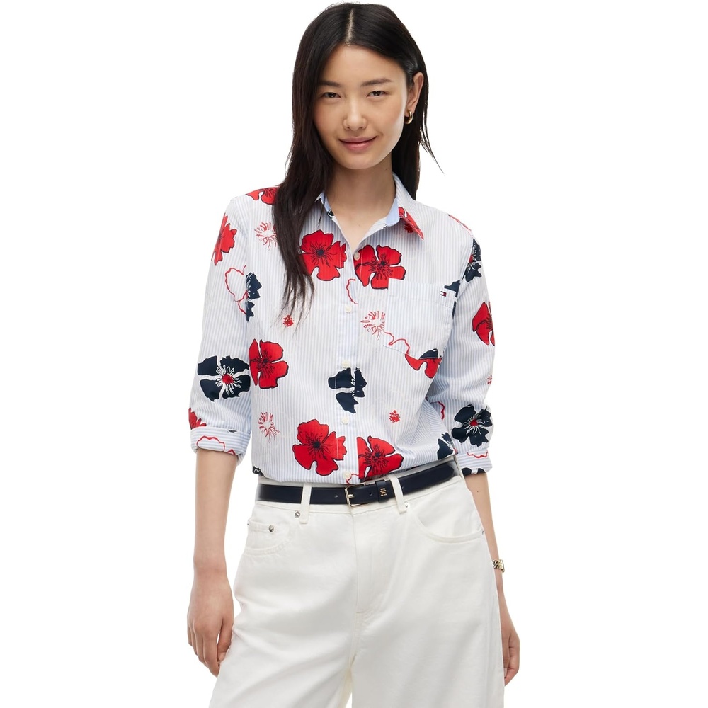 image:imageTommy Hilfiger Womens Cotton Poplin Long Sleeve Button Down Shirt in Regular Fit with Roll Up SleeveIthaca Poppy Print