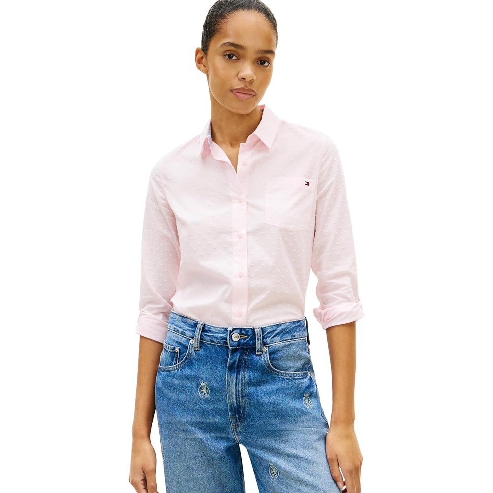 image:imageTommy Hilfiger Womens Cotton Poplin Long Sleeve Button Down Shirt in Regular Fit with Roll Up SleeveLight PinkDot