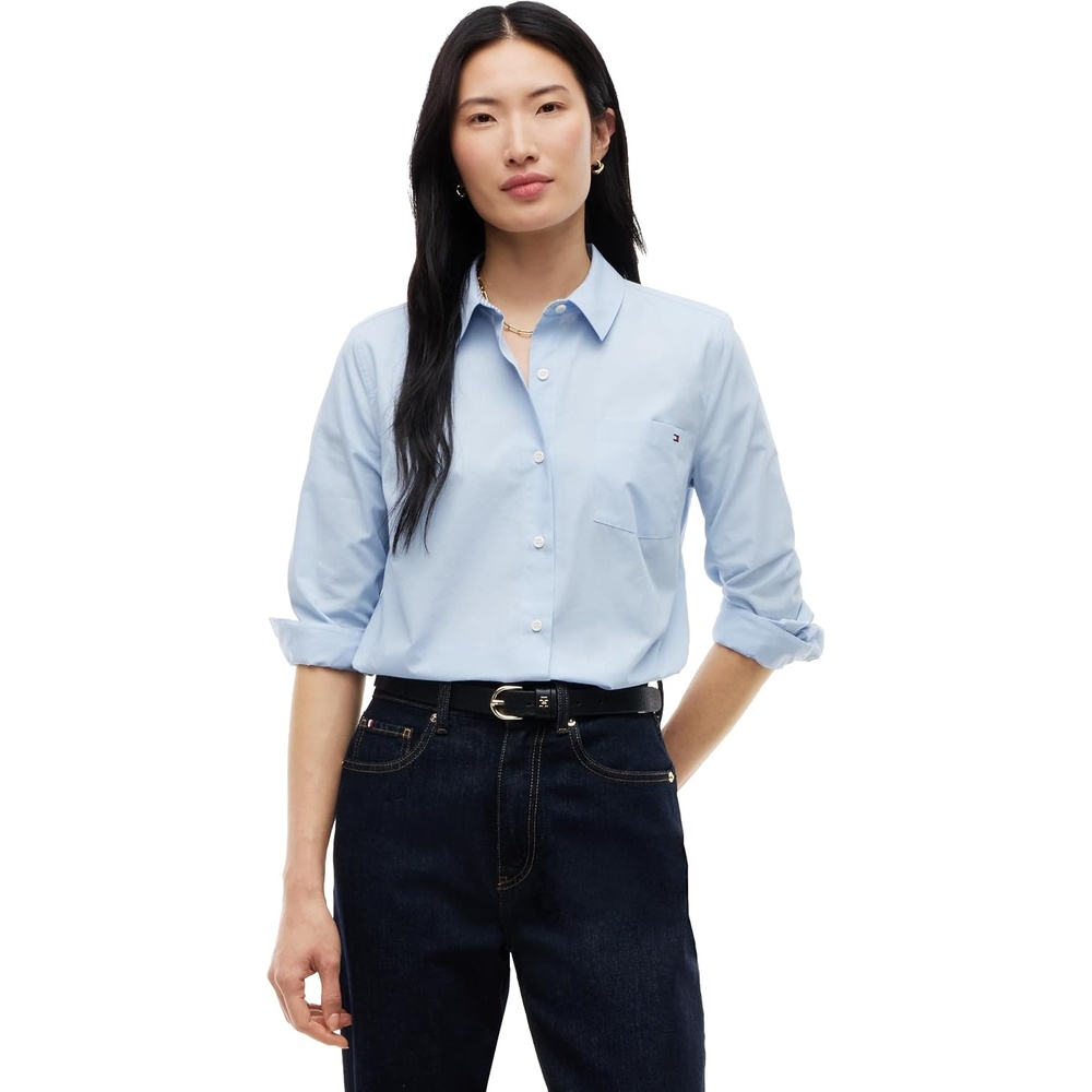 image:imageTommy Hilfiger Womens Cotton Poplin Long Sleeve Button Down Shirt in Regular Fit with Roll Up SleeveSky Blue