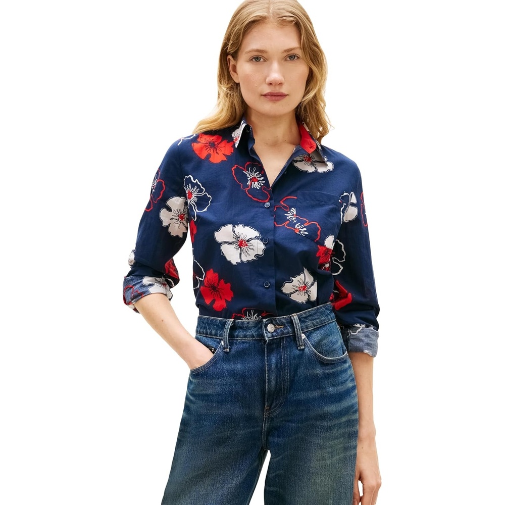 image:imageTommy Hilfiger Womens Cotton Poplin Long Sleeve Button Down Shirt in Regular Fit with Roll Up SleeveSolid Poppy Dark Night Navy