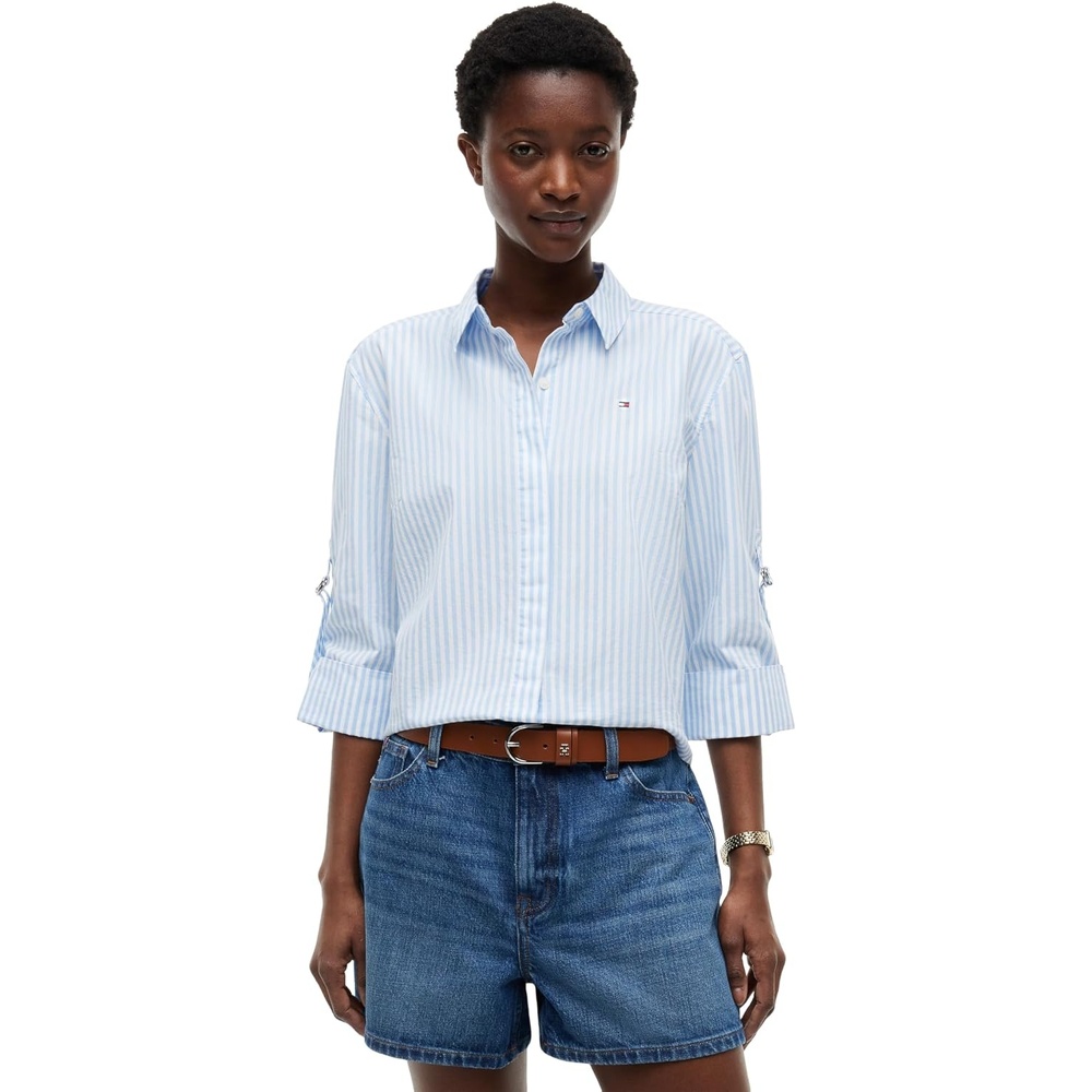 image:imageTommy Hilfiger Womens Cotton Poplin Long Sleeve Cropped Button Down Shirt in Regular Fit with Roll Up SleeveBanker Stripe WhiteVessel Blue
