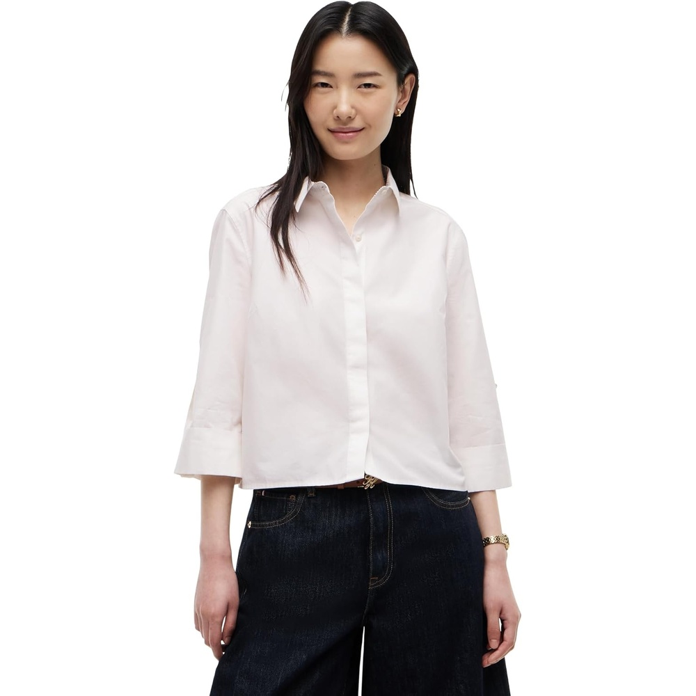 image:imageTommy Hilfiger Womens Cotton Poplin Long Sleeve Cropped Button Down Shirt in Regular Fit with Roll Up SleeveEcru