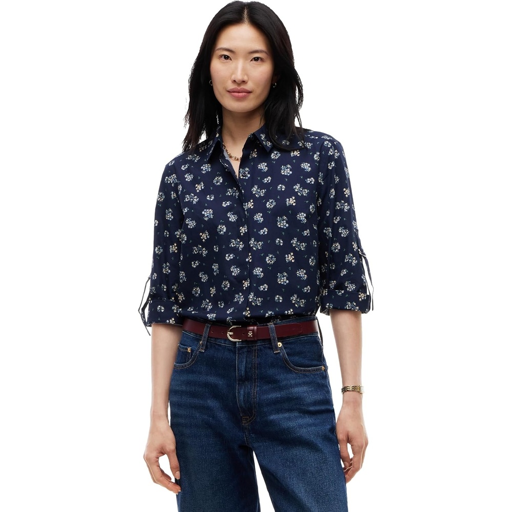 image:imageTommy Hilfiger Womens Cotton Poplin Long Sleeve Cropped Button Down Shirt in Regular Fit with Roll Up SleeveTraditional Floral Dark Blue