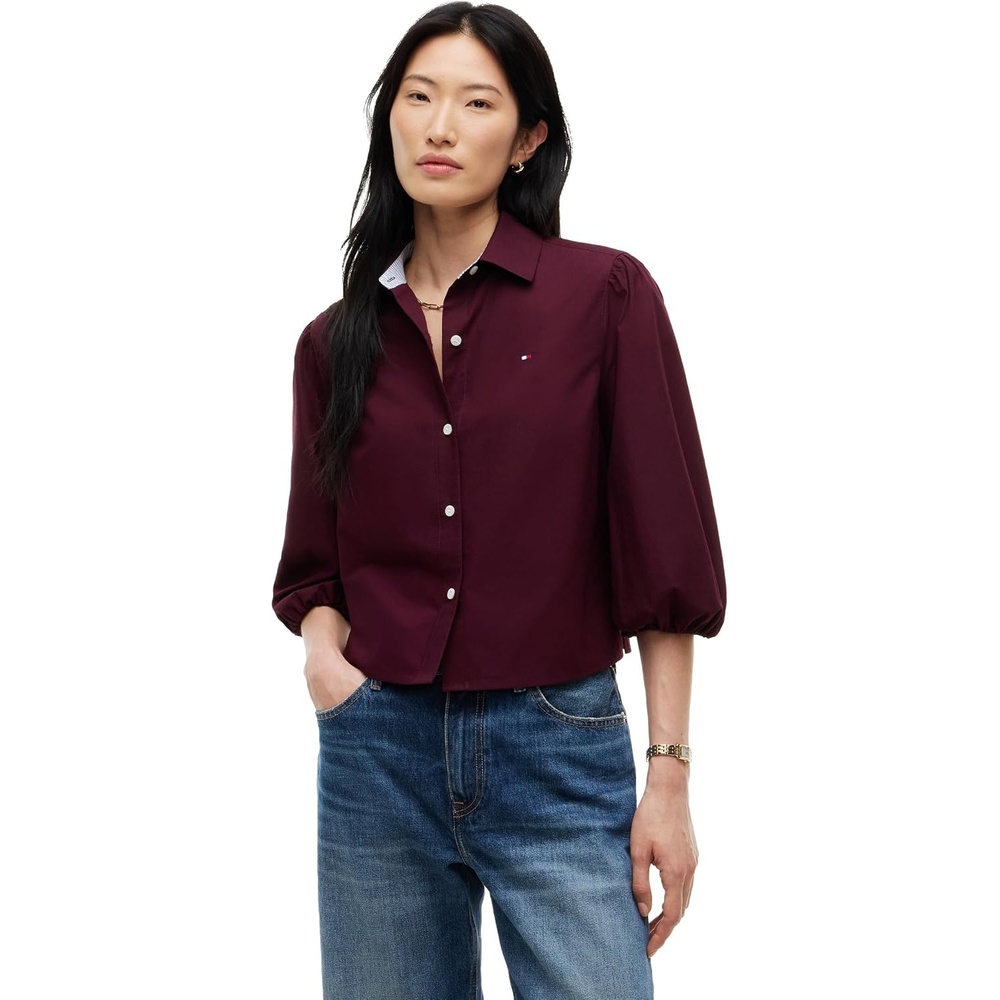 image:imageTommy Hilfiger Womens Cotton Poplin Puff Sleeve Button Down Shirt in Regular FitDeep Burgundy