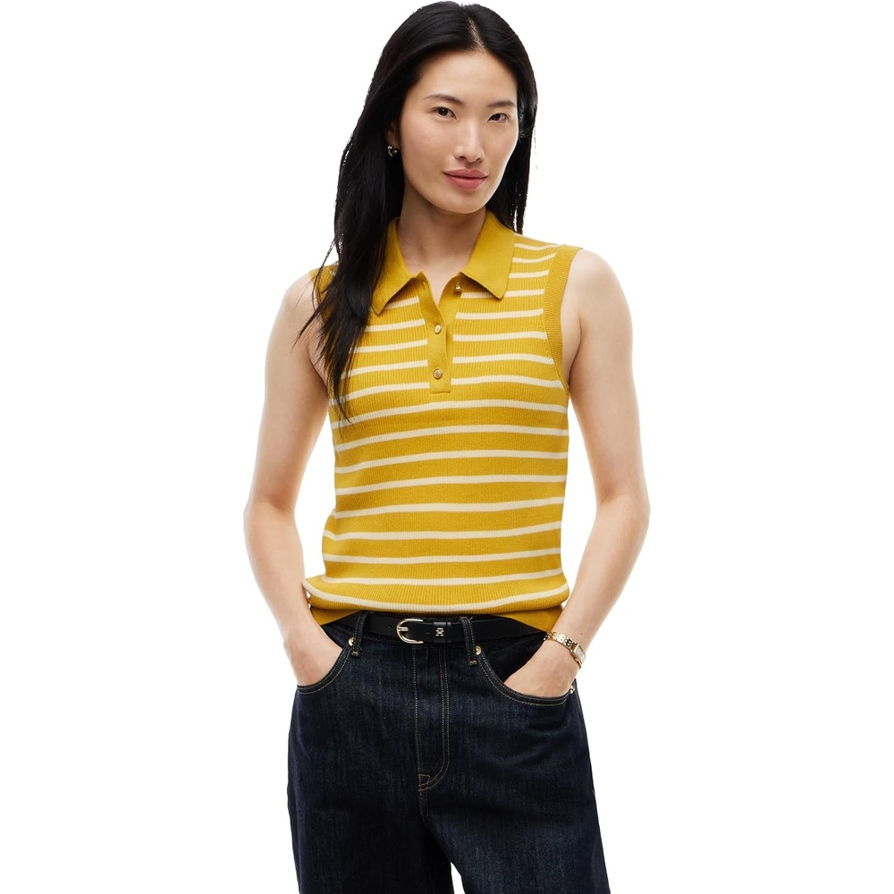 image:imageTommy Hilfiger Womens Cotton Sleeveless Button Down Polo Shirt in Slim FitBreton Stripe Ornamental Yellow Frozen Cust