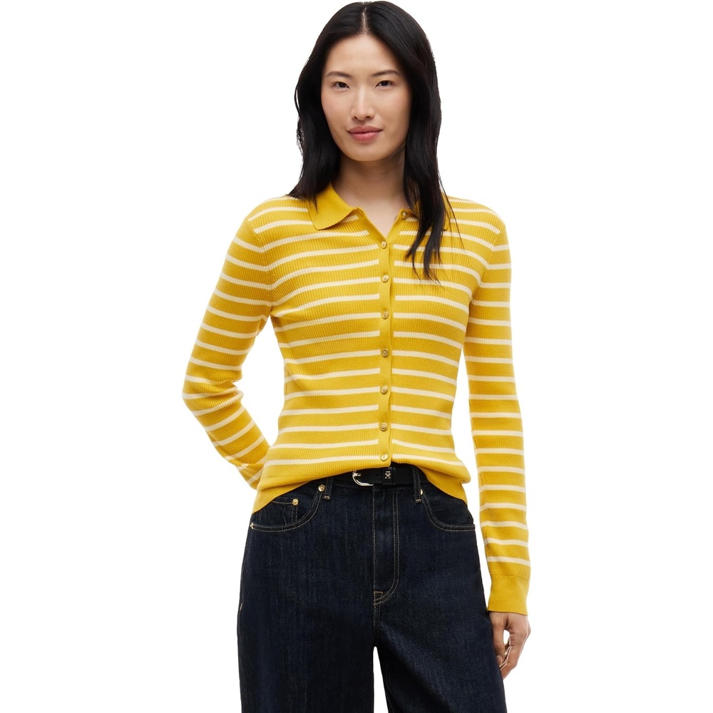 image:imageTommy Hilfiger Womens Lightweight Long Sleeve Cotton Cardigan Polo SweaterBreton Stripe Ornamental Yellow Frozen Cust