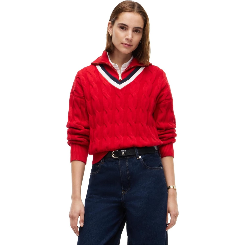 image:imageTommy Hilfiger Womens Long Sleeve 12 Zip Cable Knit Sweater PulloverRed