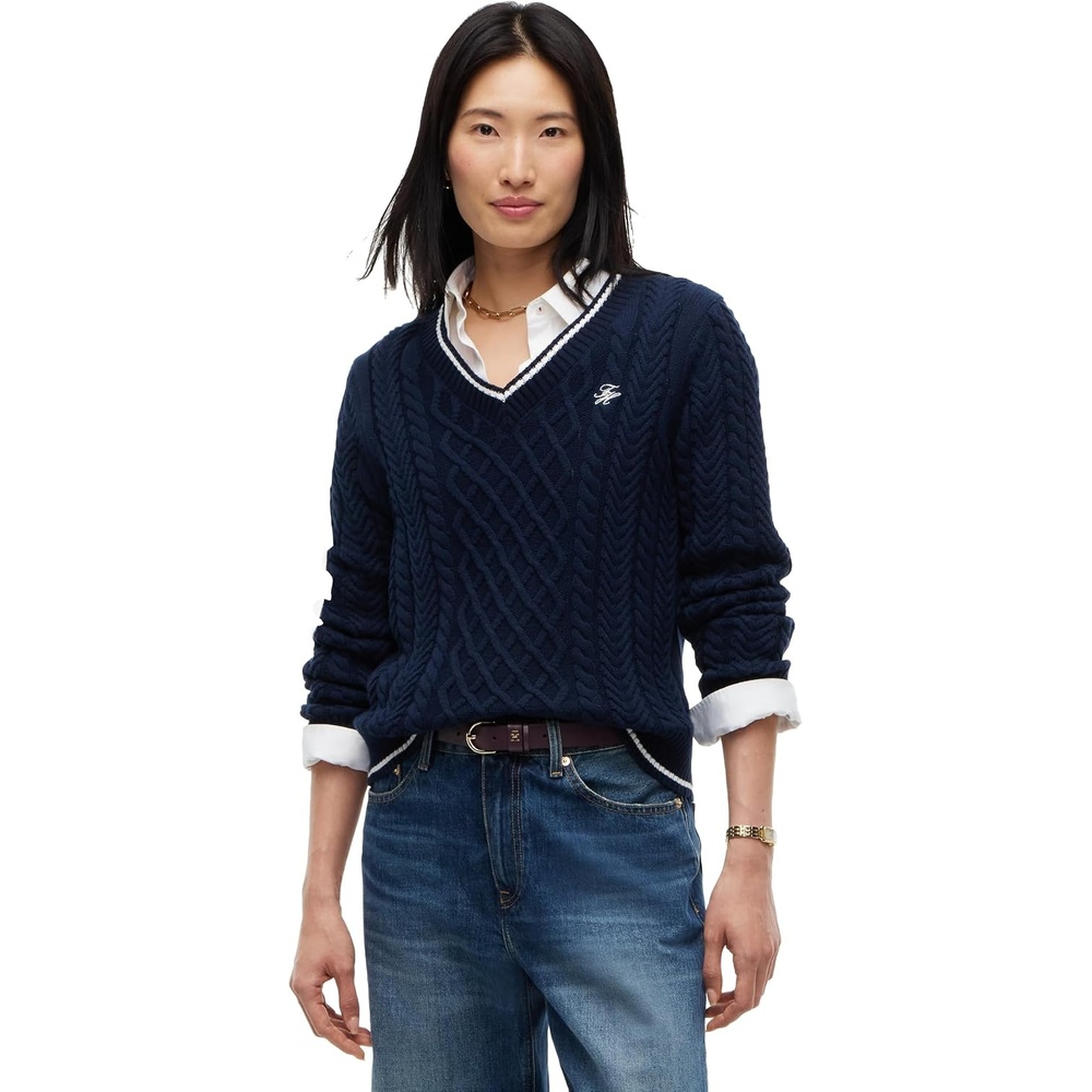 image:imageTommy Hilfiger Womens Long Sleeve Cable Knit VNeck Pullover SweaterDark Blue