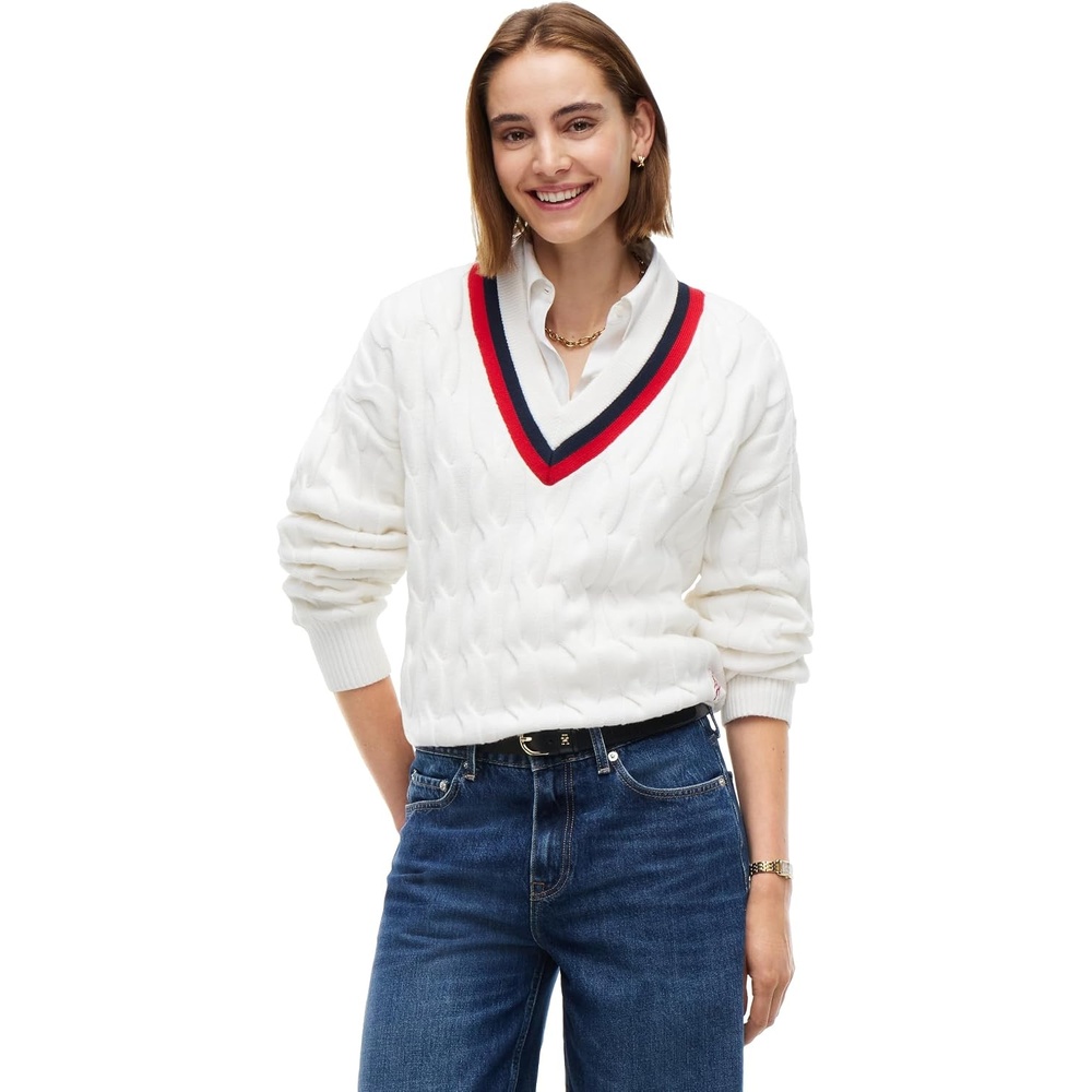 image:imageTommy Hilfiger Womens Long Sleeve Cotton Cable VNeck Sweater PulloverEcru
