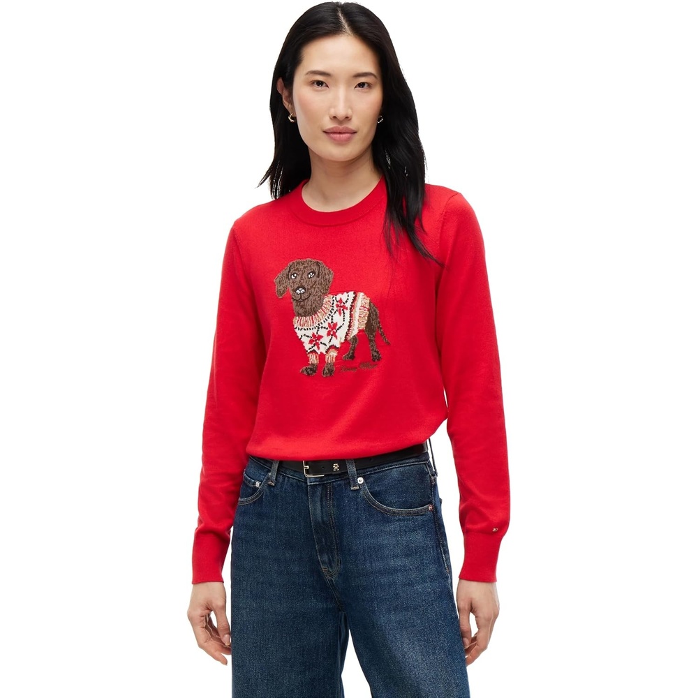 image:imageTommy Hilfiger Womens Long Sleeve Cotton Crewneck Graphic Sweater PulloverRed Fairisle Dog