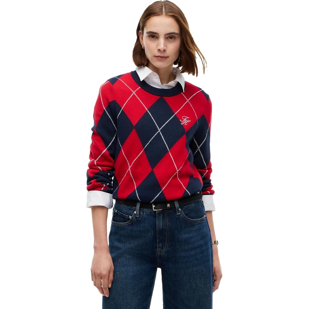 image:imageTommy Hilfiger Womens Long Sleeve Cotton Tartan Argyle Sweater PulloverArgyle Red Dark Blue