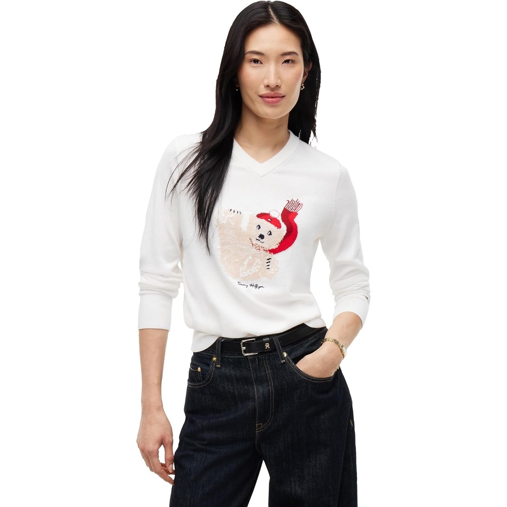 image:imageTommy Hilfiger Womens Long Sleeve Cotton VNeck Graphic Sweater PulloverEcru Falling Bear