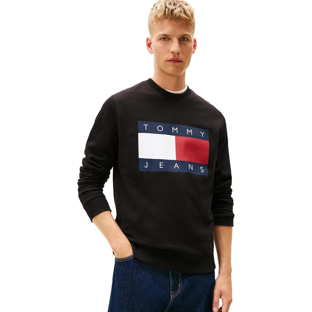 image:imageTommy Jeans Mens Medium Weight Crewneck Sweatshirt With Printed Flag LogoBlack
