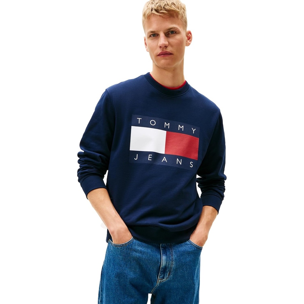 image:imageTommy Jeans Mens Medium Weight Crewneck Sweatshirt With Printed Flag LogoDark Night Navy