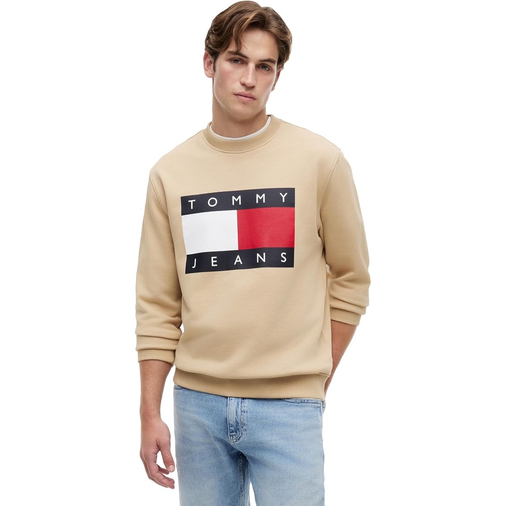 image:imageTommy Jeans Mens Medium Weight Crewneck Sweatshirt With Printed Flag LogoGentle Gold