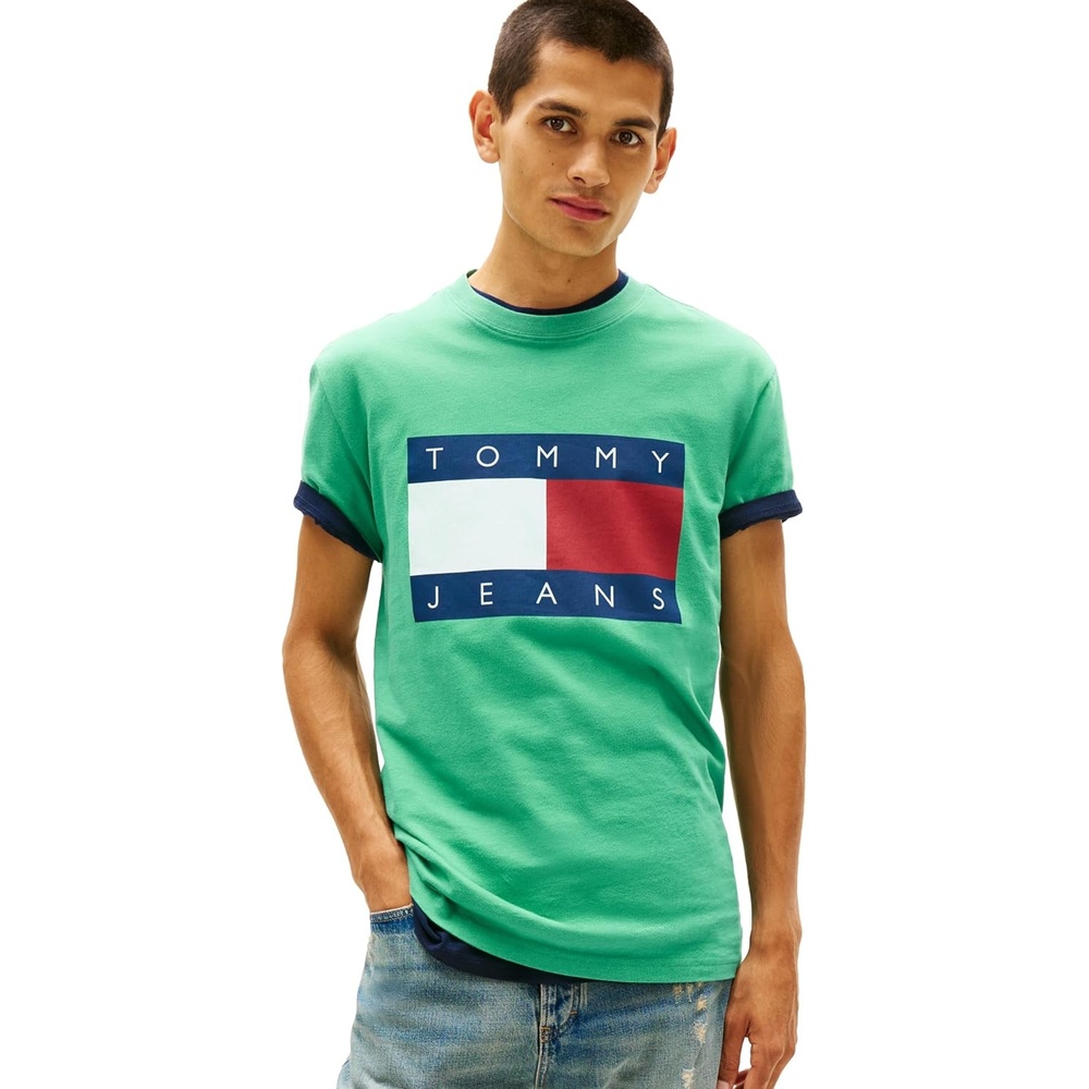 image:imageTommy Jeans Mens Short Sleeve Cotton Graphic TShirts with Big Flag Logo DesignBahama Green