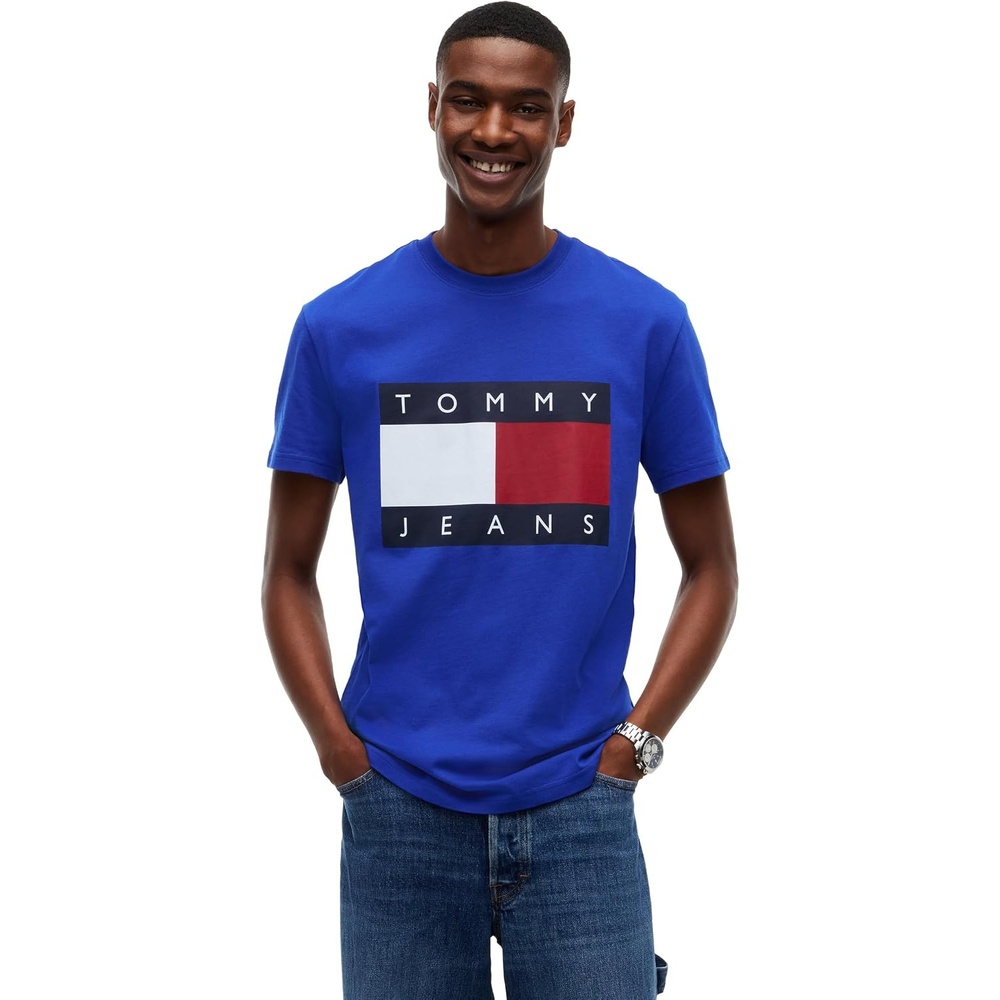 image:imageTommy Jeans Mens Short Sleeve Cotton Graphic TShirts with Big Flag Logo DesignDeep Marine
