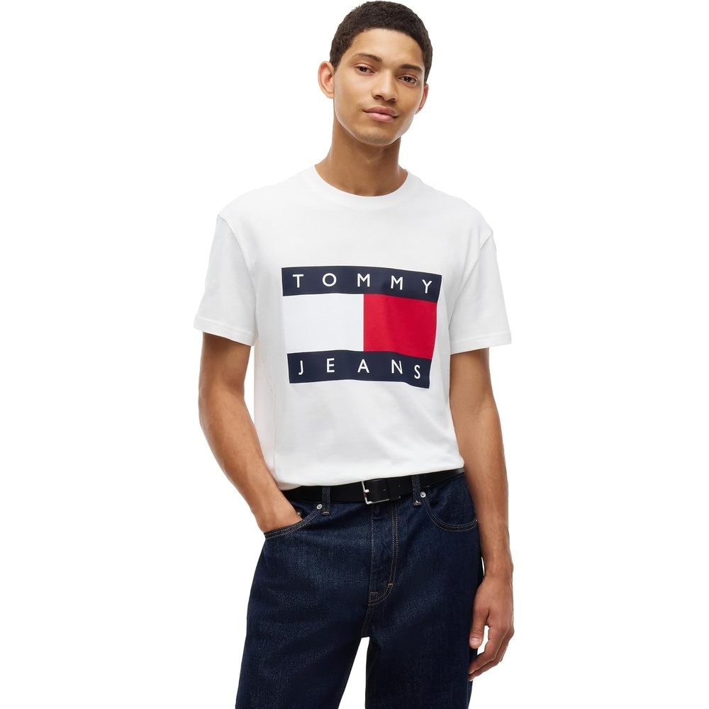 image:imageTommy Jeans Mens Short Sleeve Cotton Graphic TShirts with Big Flag Logo DesignEcru