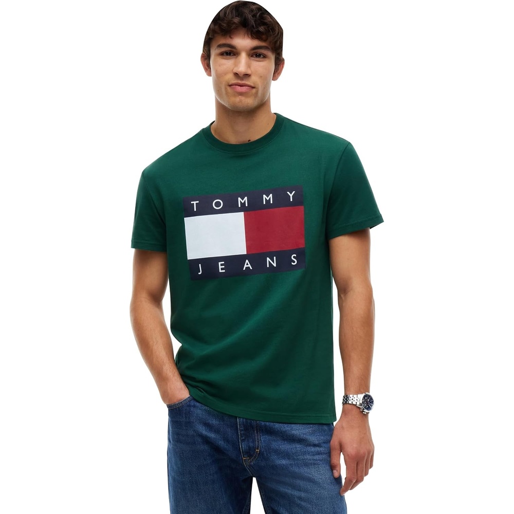 image:imageTommy Jeans Mens Short Sleeve Cotton Graphic TShirts with Big Flag Logo DesignVelvet Green