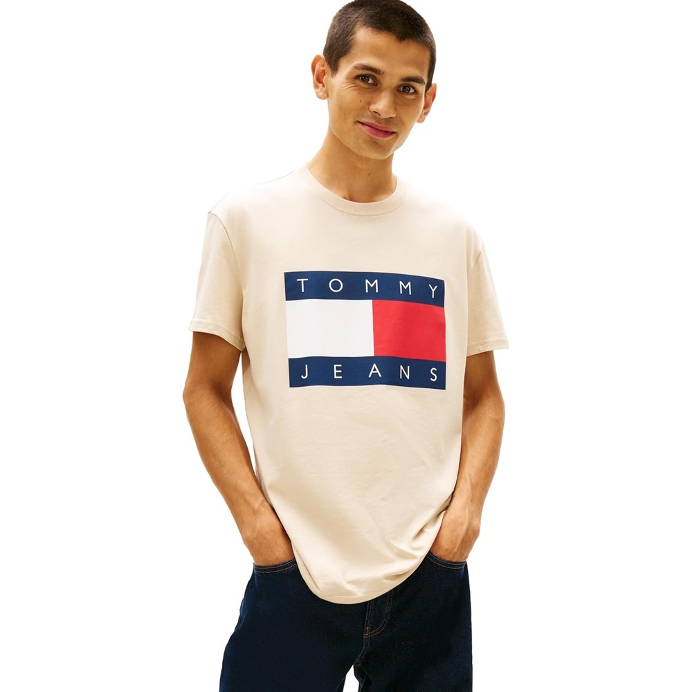 image:imageTommy Jeans Mens Short Sleeve Cotton Graphic TShirts with Big Flag Logo DesignWhite Clay