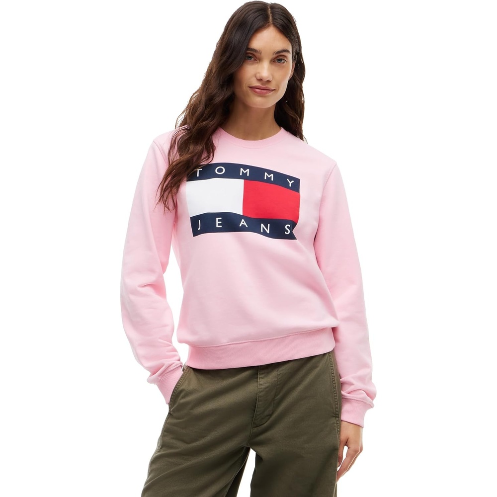 image:imageTommy Jeans Womens Medium Weight Cotton Graphic Crewneck Sweatshirt PulloverPink Sugar