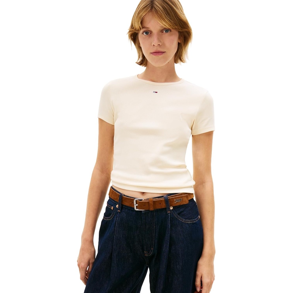 image:imageTommy Jeans Womens Ribbed Graphic Tee with Embroidered Flag DetailAlmost Yellow