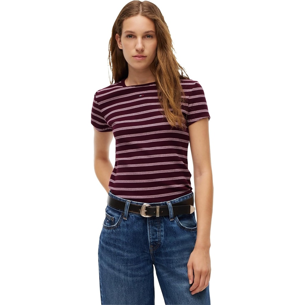 image:imageTommy Jeans Womens Ribbed Graphic Tee with Embroidered Flag DetailCalypso Berry Pink Stripe