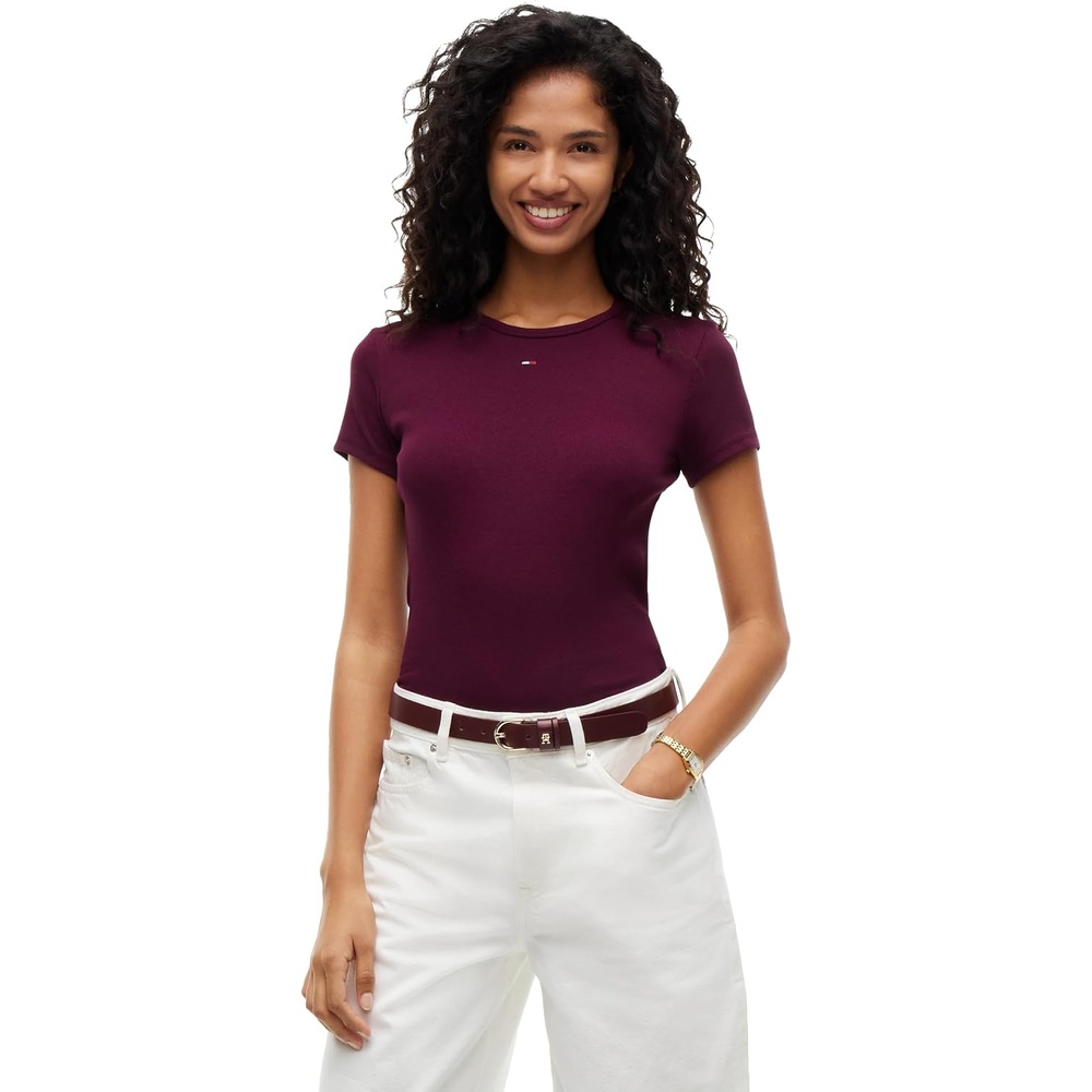 image:imageTommy Jeans Womens Ribbed Graphic Tee with Embroidered Flag DetailCalypso Berry