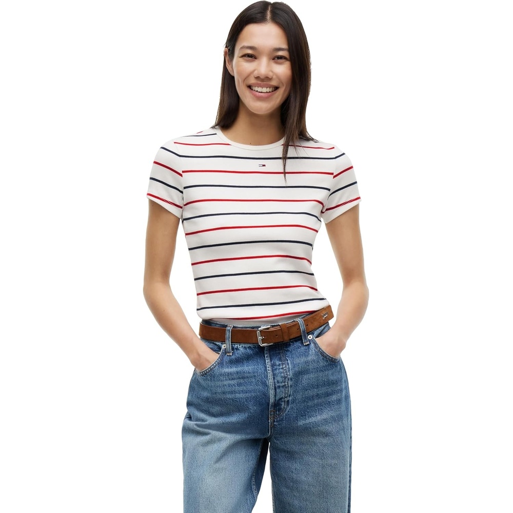 image:imageTommy Jeans Womens Ribbed Graphic Tee with Embroidered Flag DetailEcru Multi Stripe