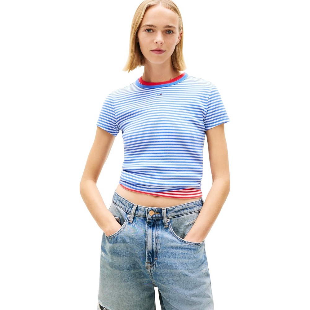image:imageTommy Jeans Womens Ribbed Graphic Tee with Embroidered Flag DetailEmpire Blue  Stripe