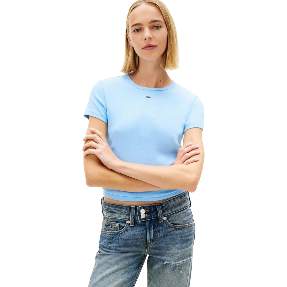 image:imageTommy Jeans Womens Ribbed Graphic Tee with Embroidered Flag DetailLight Powdery Blue