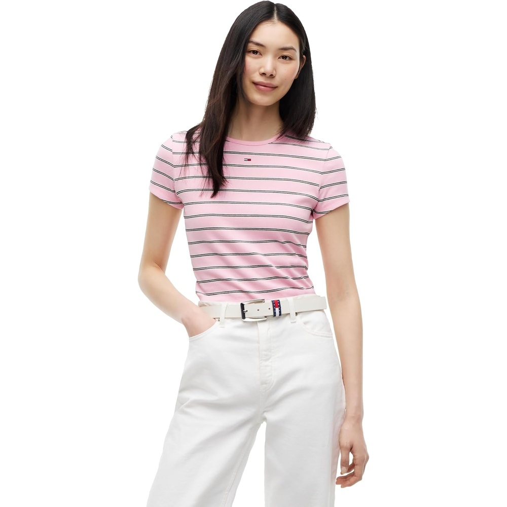 image:imageTommy Jeans Womens Ribbed Graphic Tee with Embroidered Flag DetailPink Sugar Stripe