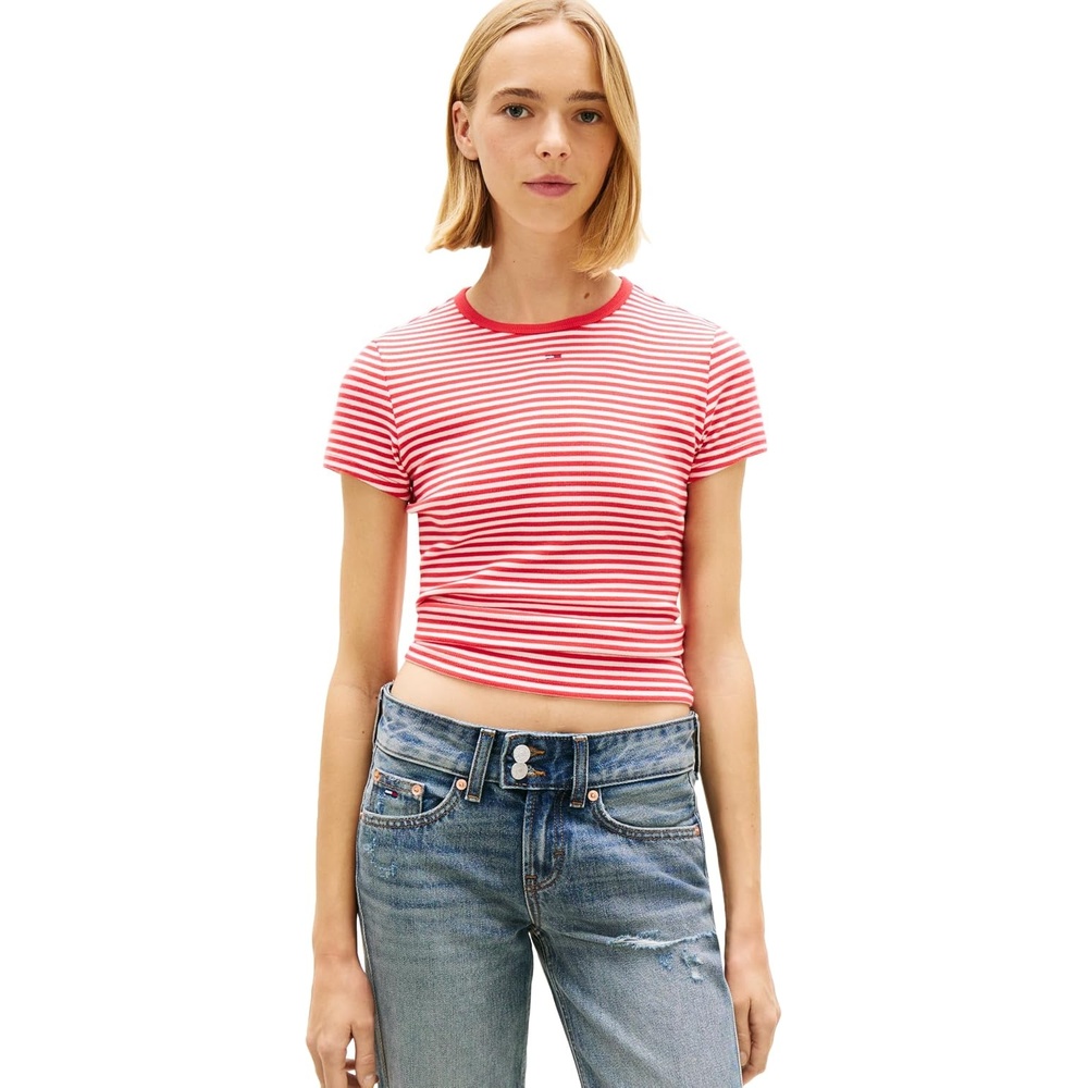 image:imageTommy Jeans Womens Ribbed Graphic Tee with Embroidered Flag DetailRed Stripe