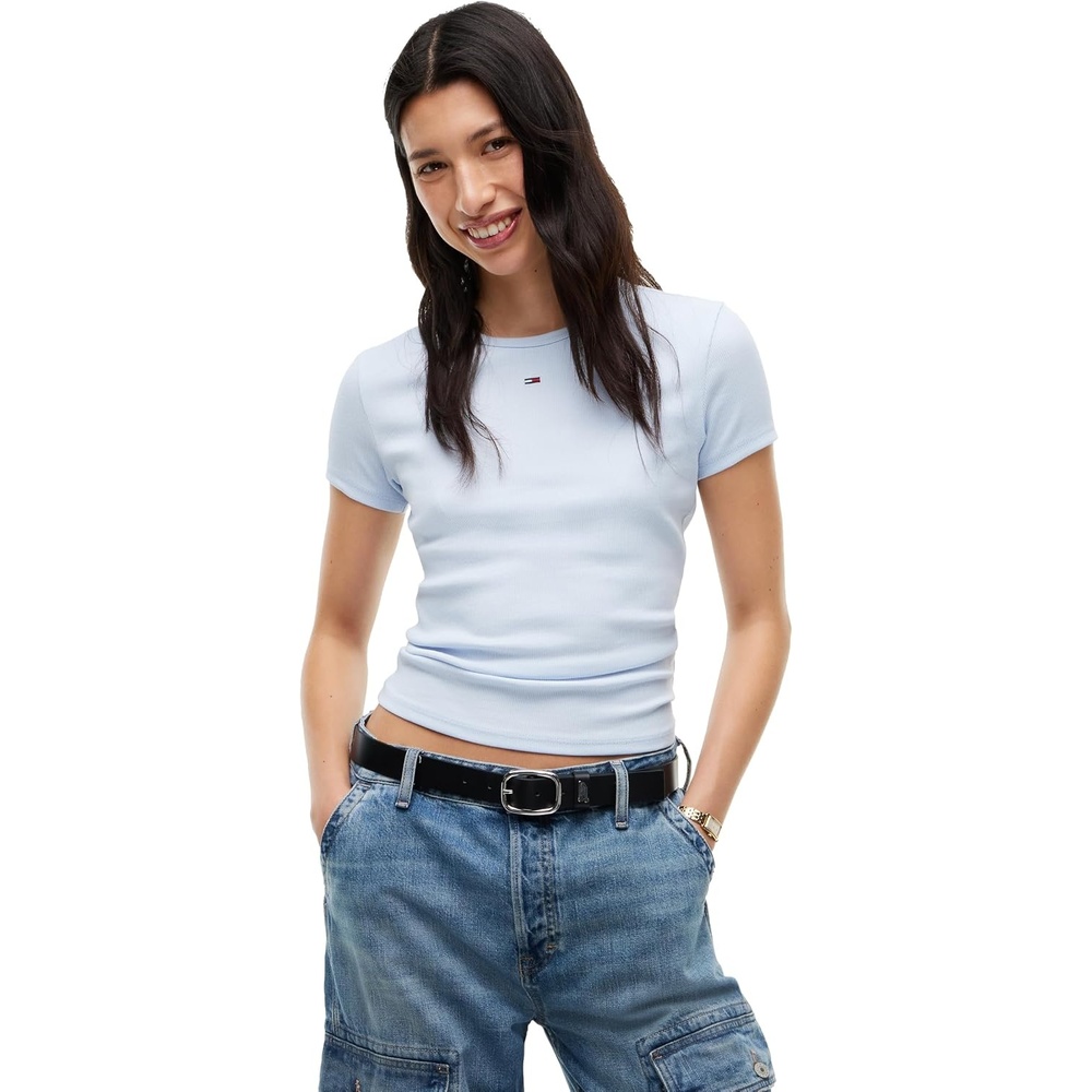 image:imageTommy Jeans Womens Ribbed Graphic Tee with Embroidered Flag DetailSheer Blue