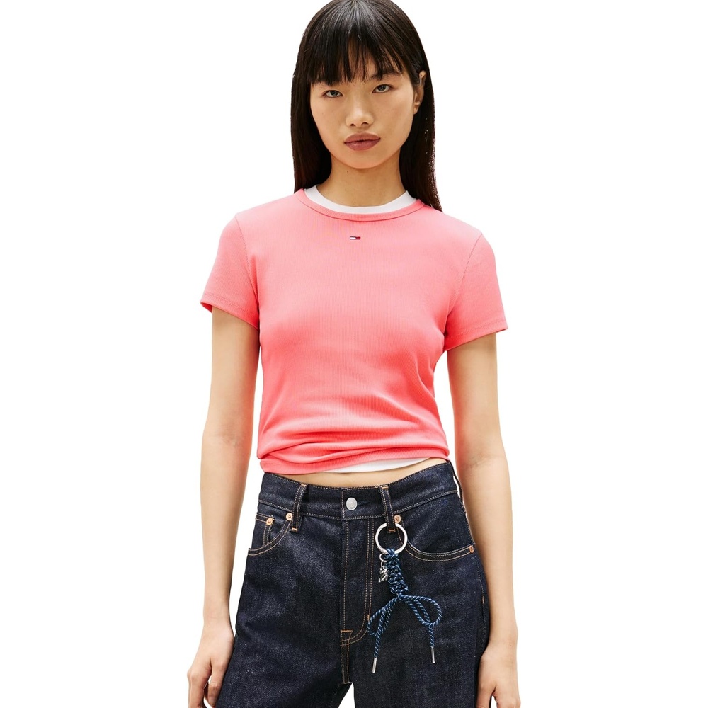 image:imageTommy Jeans Womens Ribbed Graphic Tee with Embroidered Flag DetailTropical Blush