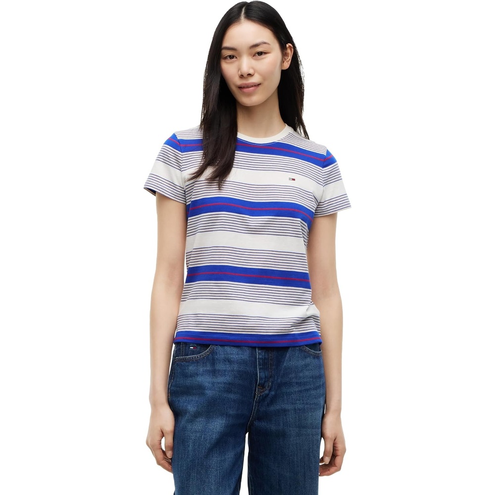 image:imageTommy Jeans Womens Short Sleeve Striped Cotton Jersey Graphic Crewneck TShirtsOff White  Noble Blue Stripe
