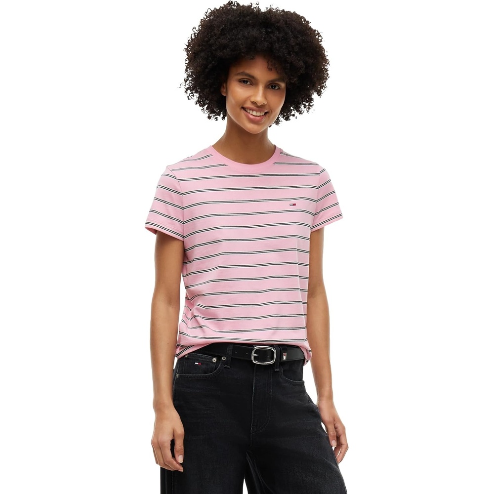image:imageTommy Jeans Womens Short Sleeve Striped Cotton Jersey Graphic Crewneck TShirtsPink Sugar Stripe