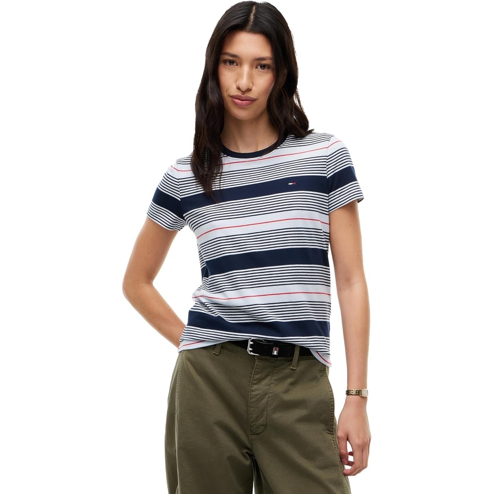 image:imageTommy Jeans Womens Short Sleeve Striped Cotton Jersey Graphic Crewneck TShirtsSheer Blue Multi Stripe