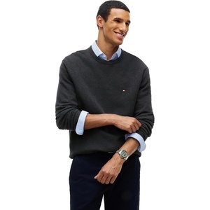 Tommy Hilfiger Men’s Cotton Solid Structured Crewneck Sweater Pullover(Dark Grey Heather)