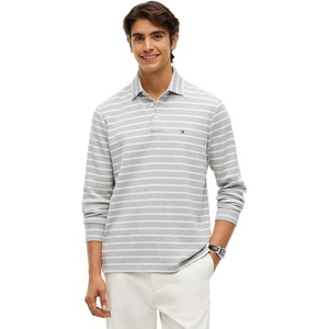 Tommy Hilfiger Men’s Long Sleeve Button Down Polo Shirt in Regular Fit(Light Grey Htr / Ivory Petal)