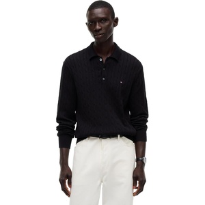 Tommy Hilfiger Men’s Long Sleeve Casual Cotton Cable Polo Sweater(Black)
