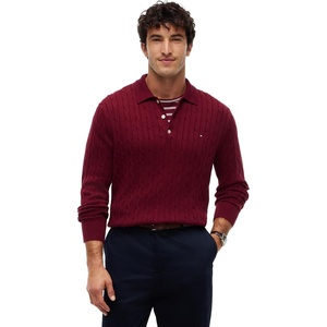 Tommy Hilfiger Men’s Long Sleeve Casual Cotton Cable Polo Sweater(Burgundy)