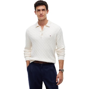 Tommy Hilfiger Men’s Long Sleeve Casual Cotton Cable Polo Sweater(Ivory Petal)